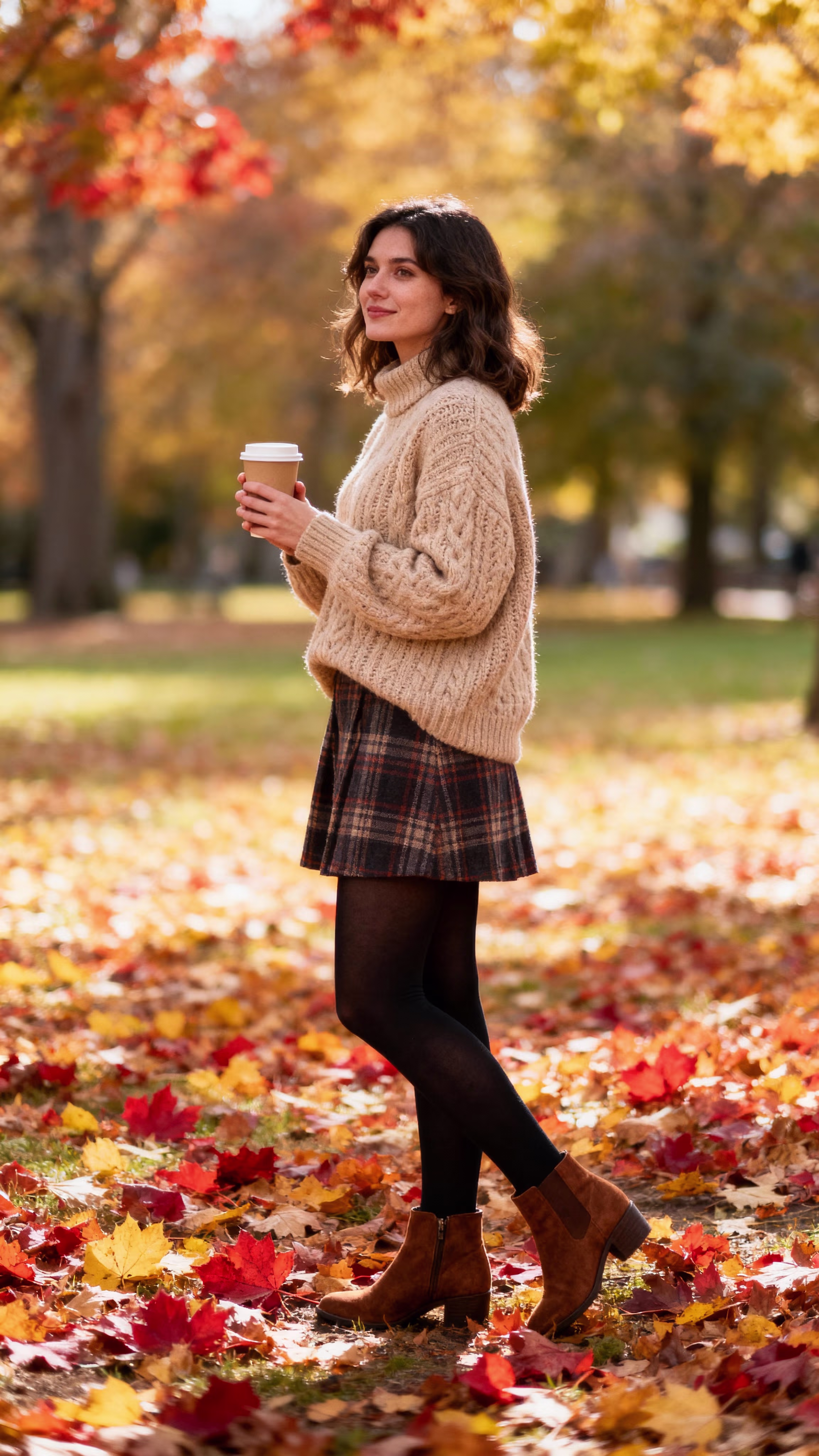Autumn fall outfit ideas with cozy sweater and plaid skirt